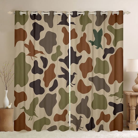 Homewish Retro Camo Pattern Black Out Curtains,Rustic Mallard Duck Curtains Pack of 2 (42x63 Each),Green Brown Bedroom Curtains For Boys Teens,Ultra Soft Home Decor