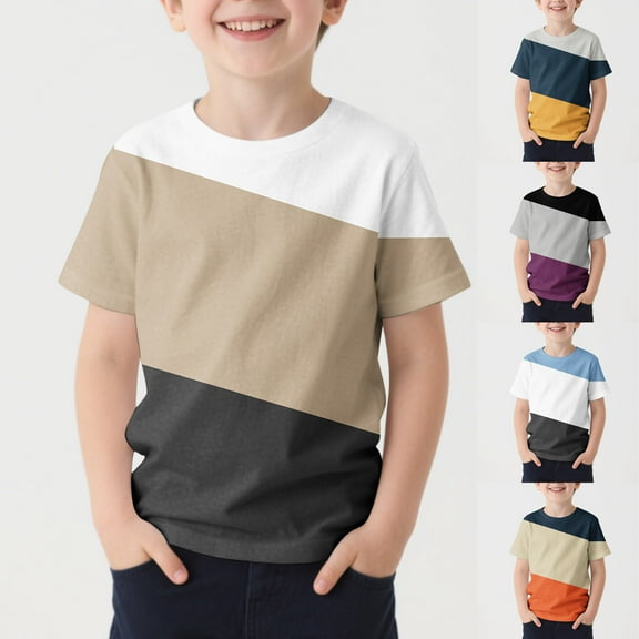 Antinious Boys Girls Patchwork Print Short Sleeve Round Neck Fitness Casual Tops