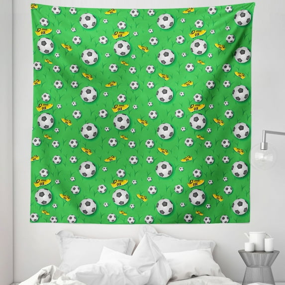 Soccer Tapestry, Professional Player Athletics Pattern Football Shoes Balls on Grass, Fabric Wall Hanging Decor for Bedroom Living Room Dorm, 5 Sizes, Lime Green Yellow Black, by Ambesonne