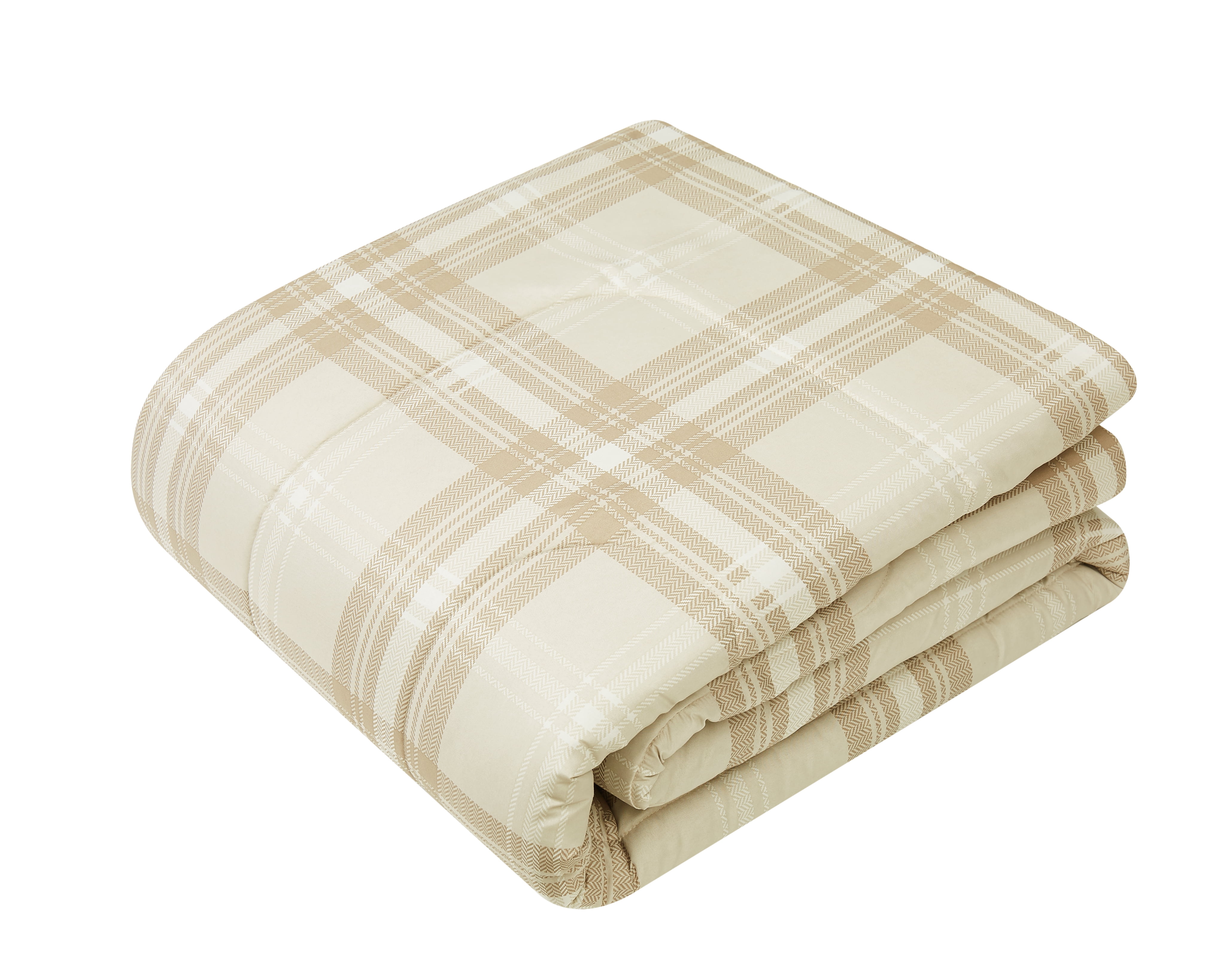 Mainstays 7 Piece Reversible Bed in a Bag Comforter Set with Sheets, Beige Plaid, King