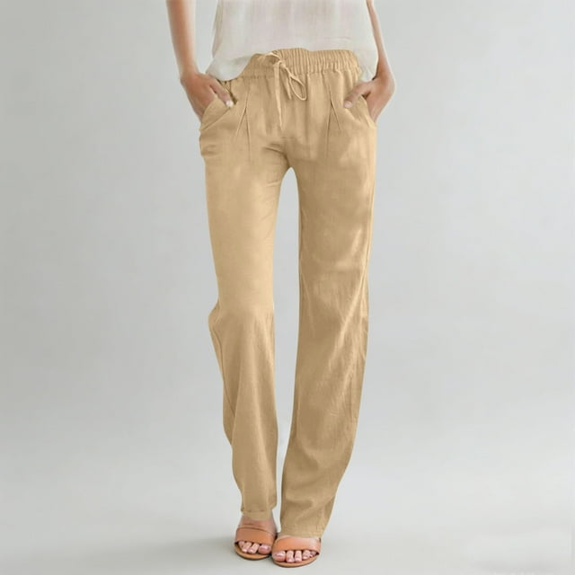 Karight Cotton Linen Pants Women Casual Straight Leg Drawstring Elastic Hight Waist Trousers Pockets Loose Palazzo Pants