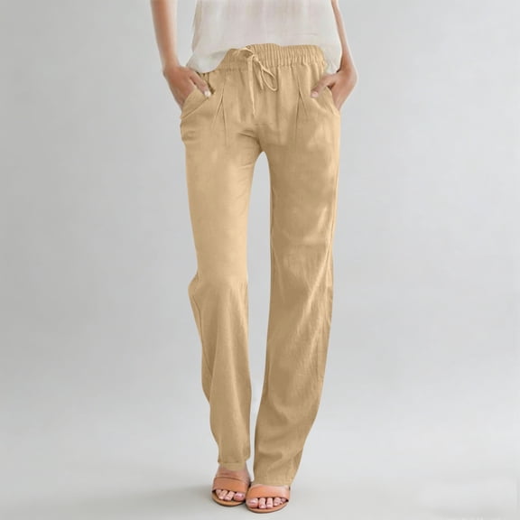 Nfurl Straight Leg Pants for Women with Pockets Drawstring Elastic Waist Slim Leg Linen Pants Casual Summer Travel Pants Work Trousers Khaki L