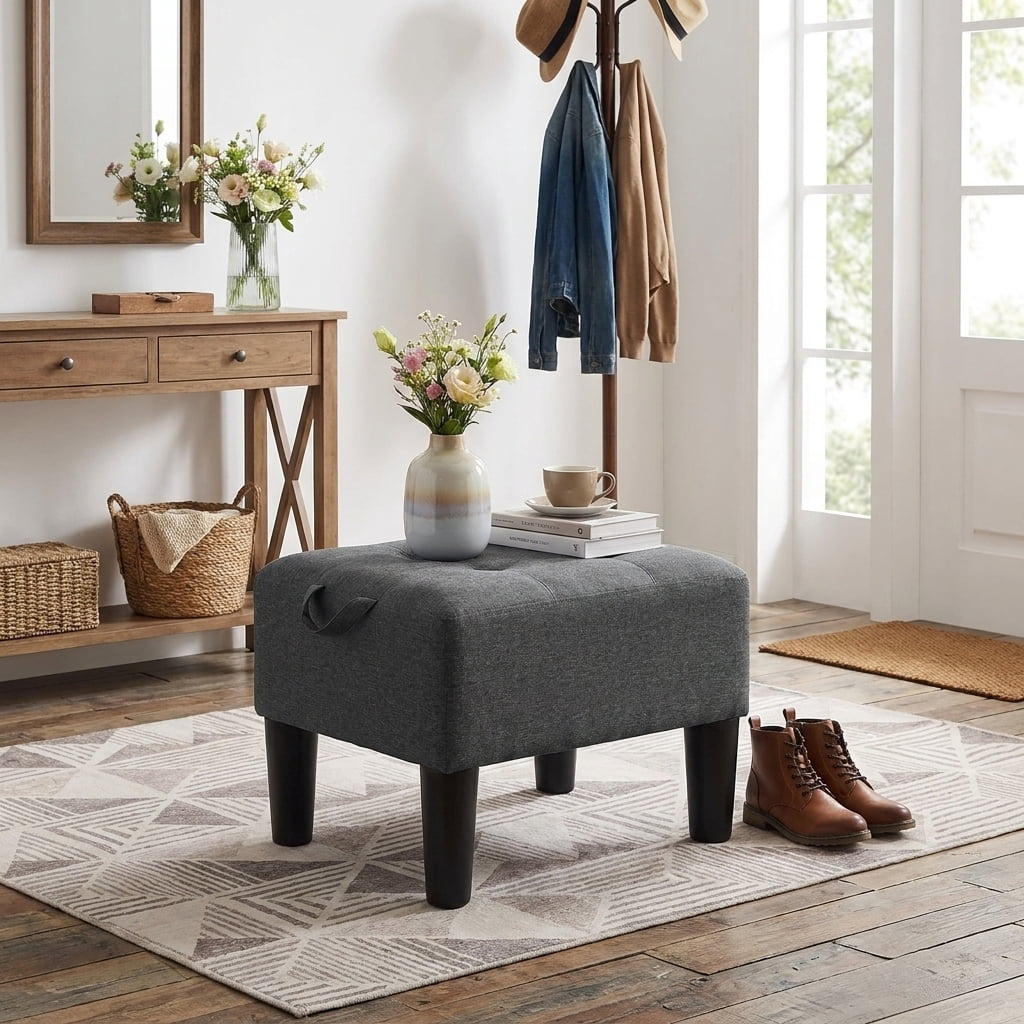 Ledrem Small Footstool Ottoman with Thick Cushion, Angled Legs, Hidden Storage Compartment, Dark Gray