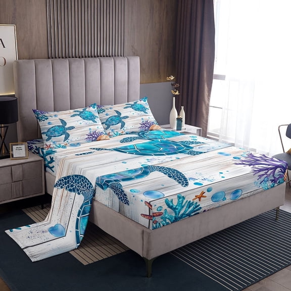 Erosebridal Kawaii Sea Turtle Bed Sheets Set Twin Size, Lake House Bed Sheets Twin, Ocean Coral Decor, 3pcs