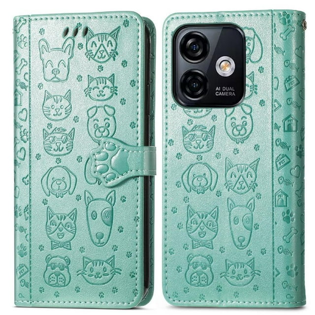 Étui à Rabat pour FOXDOCK Ulefone Note 18 Ultra, Étui à Rabat en Cuir PU Gaufré Chat et Chien avec Fentes pour Cartes, Support