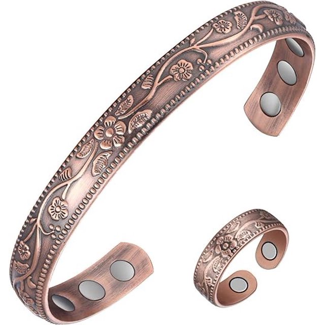 Pulsera y anillo de cobre para mujer, pulseras magnéticas de drenaje linfático y anillo de desintoxicación linfática, regalo de joyería de cobre puro 99.99%