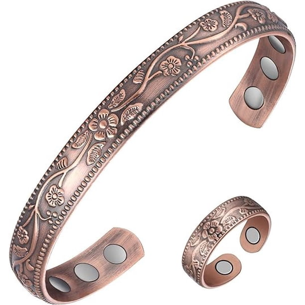 Pulsera y anillo de cobre para mujer, pulseras magnéticas de drenaje linfático y anillo de desintoxicación linfática, regalo de joyería de cobre puro 99.99%