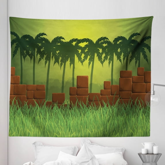 Moss Green Tapestry, Cartoon Style Palm Trees Exotic Place Jungle Ancient Illustration, Fabric Wall Hanging Decor for Bedroom Living Room Dorm, 5 Sizes, Yellow Green and Redwood, by Ambesonne