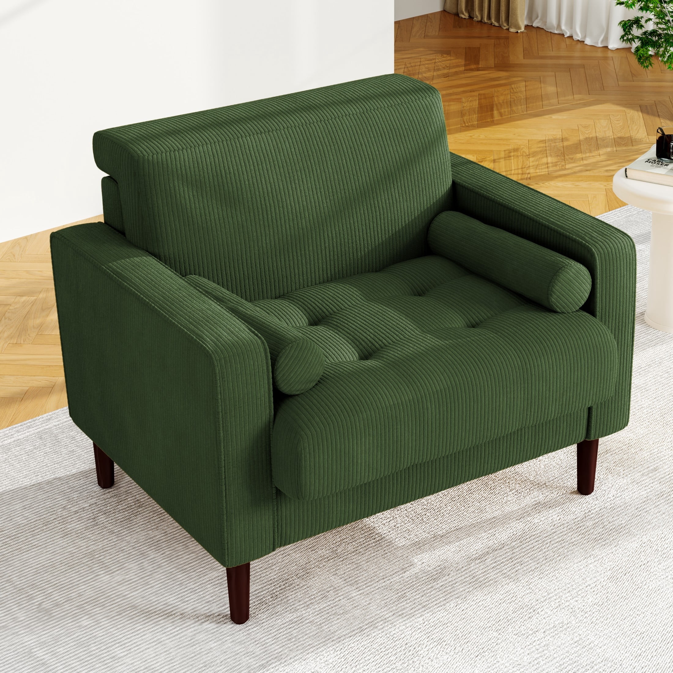 DREAMSIDEA Modern Upholstered Corduroy Accent Chairs Comfy Armchair Reading Chair with Pillows for Living Room Bedroom Reading Room,Green