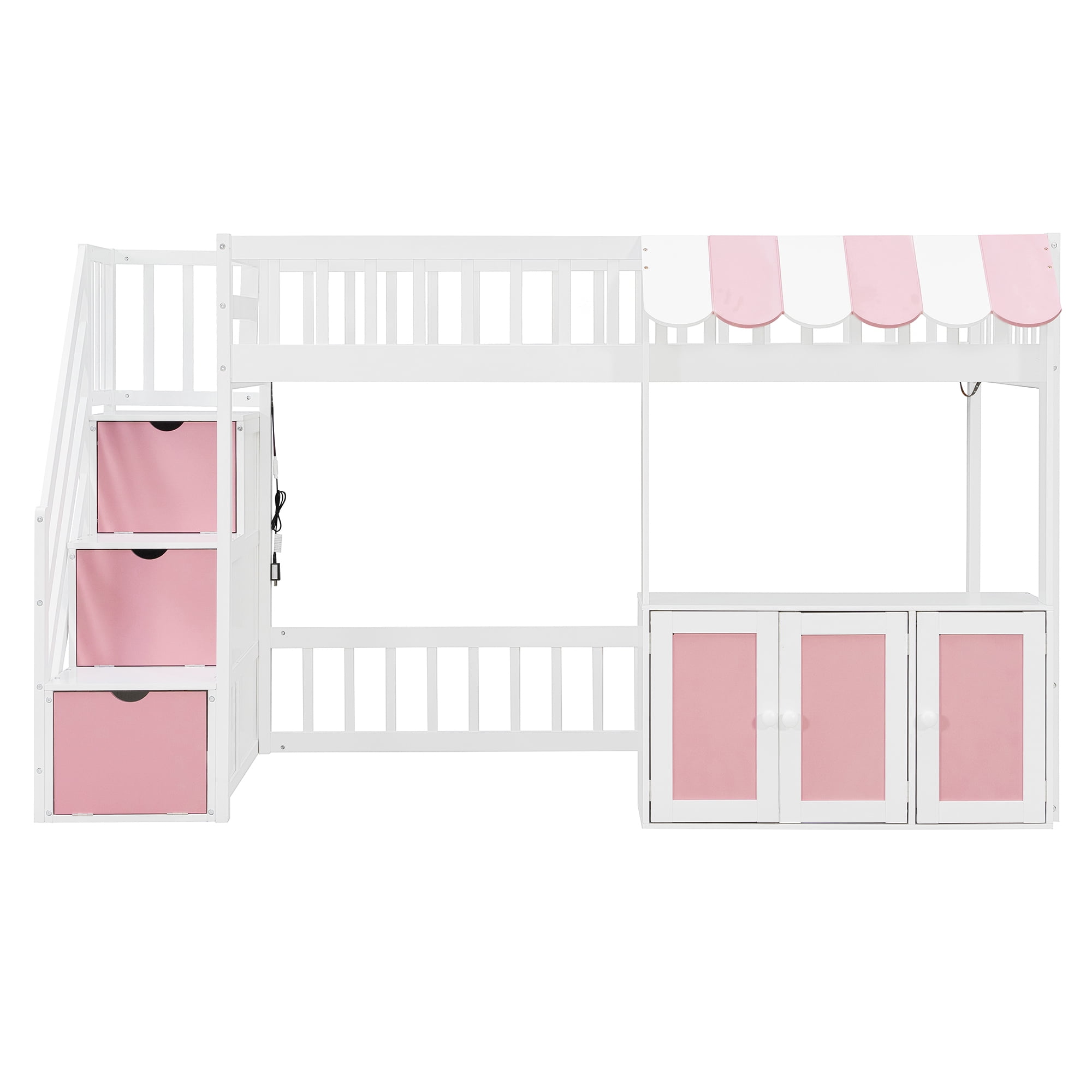 Mintazer Twin Size Loft Bed with Play Storefront & LED Lights, Kids Loft Bed with Guardrail and Storage Staircase & Cabinet for Bedroom, White & Pink