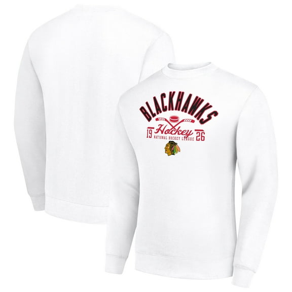 Men's Starter White Chicago Blackhawks Stick And Puck Logo Fleece Pullover Sweatshirt