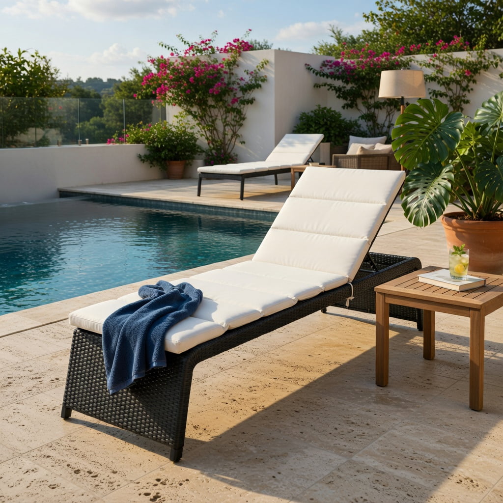 Hommoo Adjustable Outdoor Rattan Chaise Lounge Chair with Thick Cushion, PE Wicker Recliner for Patio, Pool, Balcony & Garden, White
