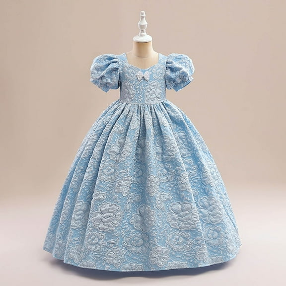 YWDJ Toddler Girls Puff Sleeve Flower Bow Ruffles Birthday Party Gown Long Dresses Blue 5T