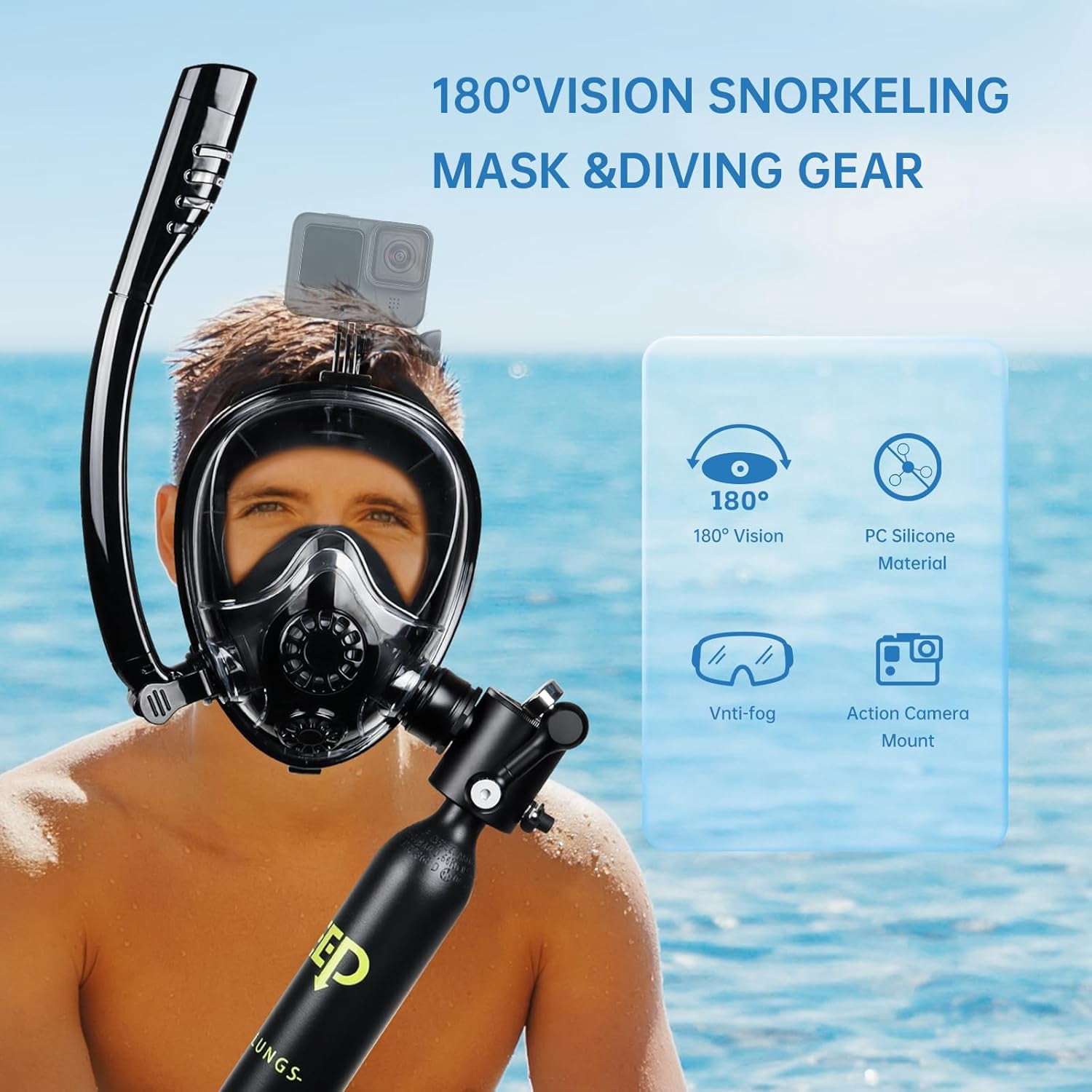 0.5L Scuba Diving Tank with Full Face Snorkel Mask, Support About 7-10 Minutes, Lung Tank Sub Mask for Snorkeling, Underwater Exploration
