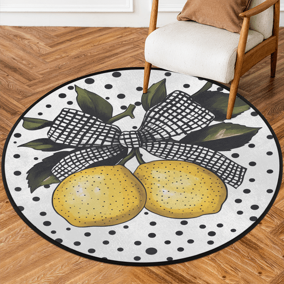 CURLYOOT Round Rug 3ft Watercolor Lemon Fruit Pattern Area Rug, Washable Circle Mat Non Slip Floor Carpet Mat, Soft Indoor Rugs for Entryway Living Room Dining Room Bedroom