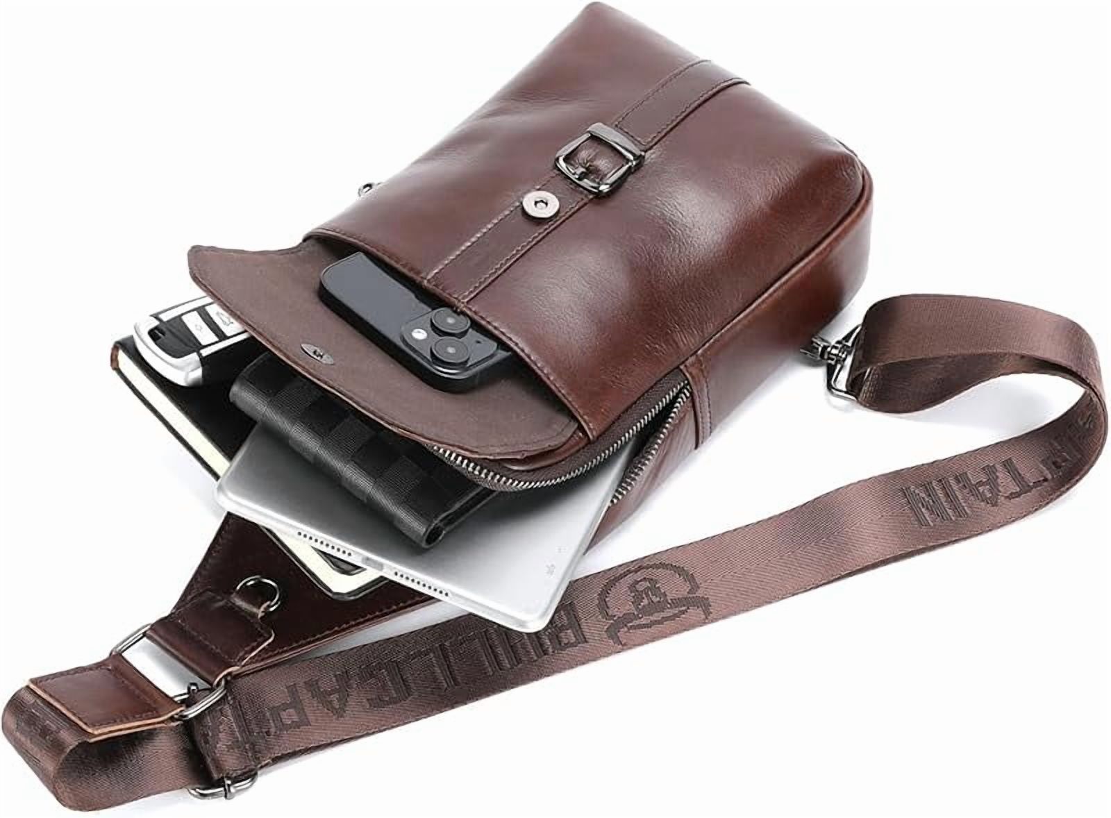 BULLCAPTAIN Men's Leather Samll Crossbody Backpack Sling Chest Bag for Hiking Travel