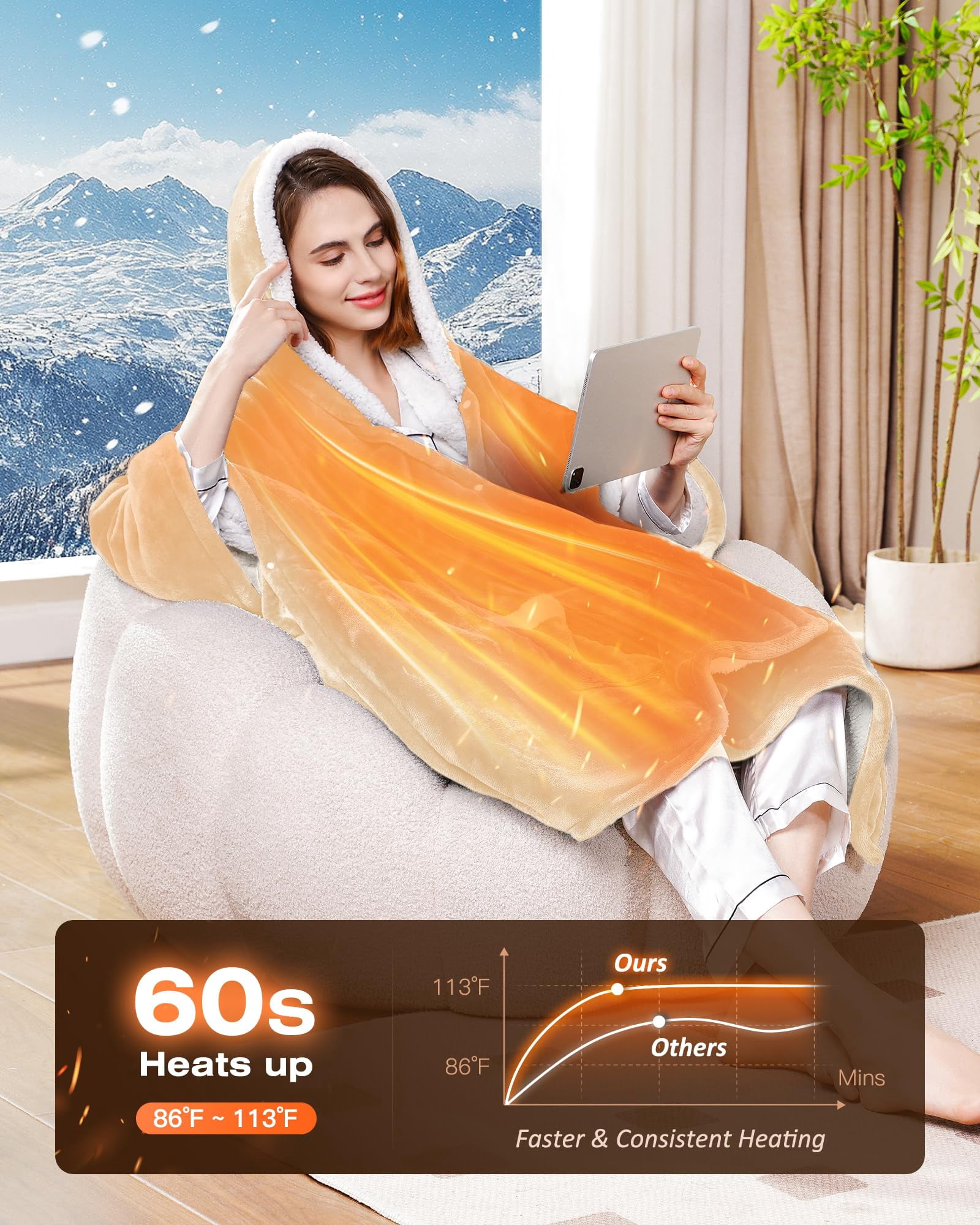Ocuuziisu Electric Throw Blanket with Pockets and Hood, 50" x 70" Flannel and Sherpa Electric Wrap, 6 Heating Levels, 4-Hour Auto Shut Off, Machine Washable, Beige