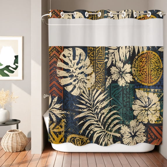 No Hook Shower Curtain, Tropical Plants Shower Curtains for Bathroom with See Through Top Window, Boho Farmhouse Palm Leaves Floral Patterned Waterproof & Washable Bath Curtain Long 72"x78"