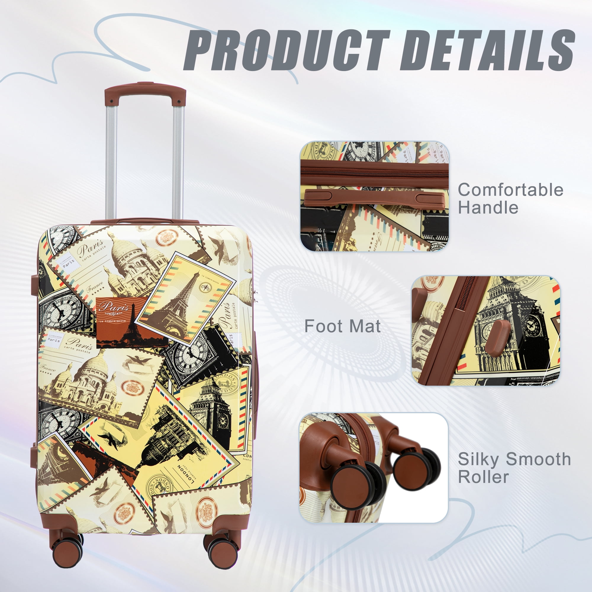 Alvantor 3 Piece Luggage Sets, Hardside Lightweight Suitcase with Combination Lock and City Stamps Printed, 20/24/28 Inch