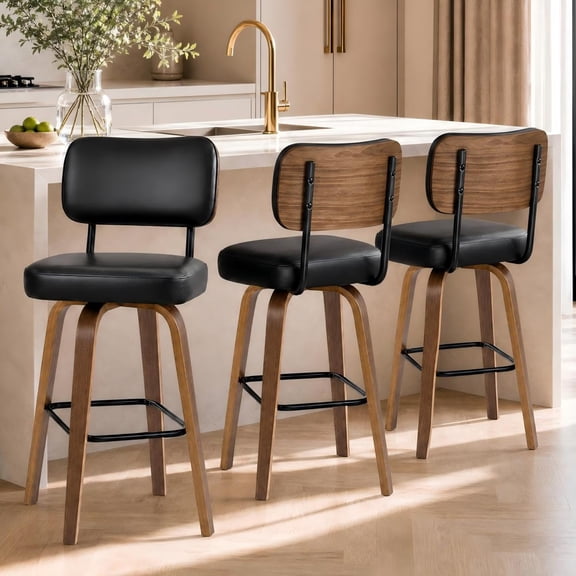 Modern Swivel Bar Stools Set of 3, Counter Height Chairs with Backrest, 26" Faux Leather Upholstery, Bentwood Legs, Ideal for Kitchen Island or Home Bar