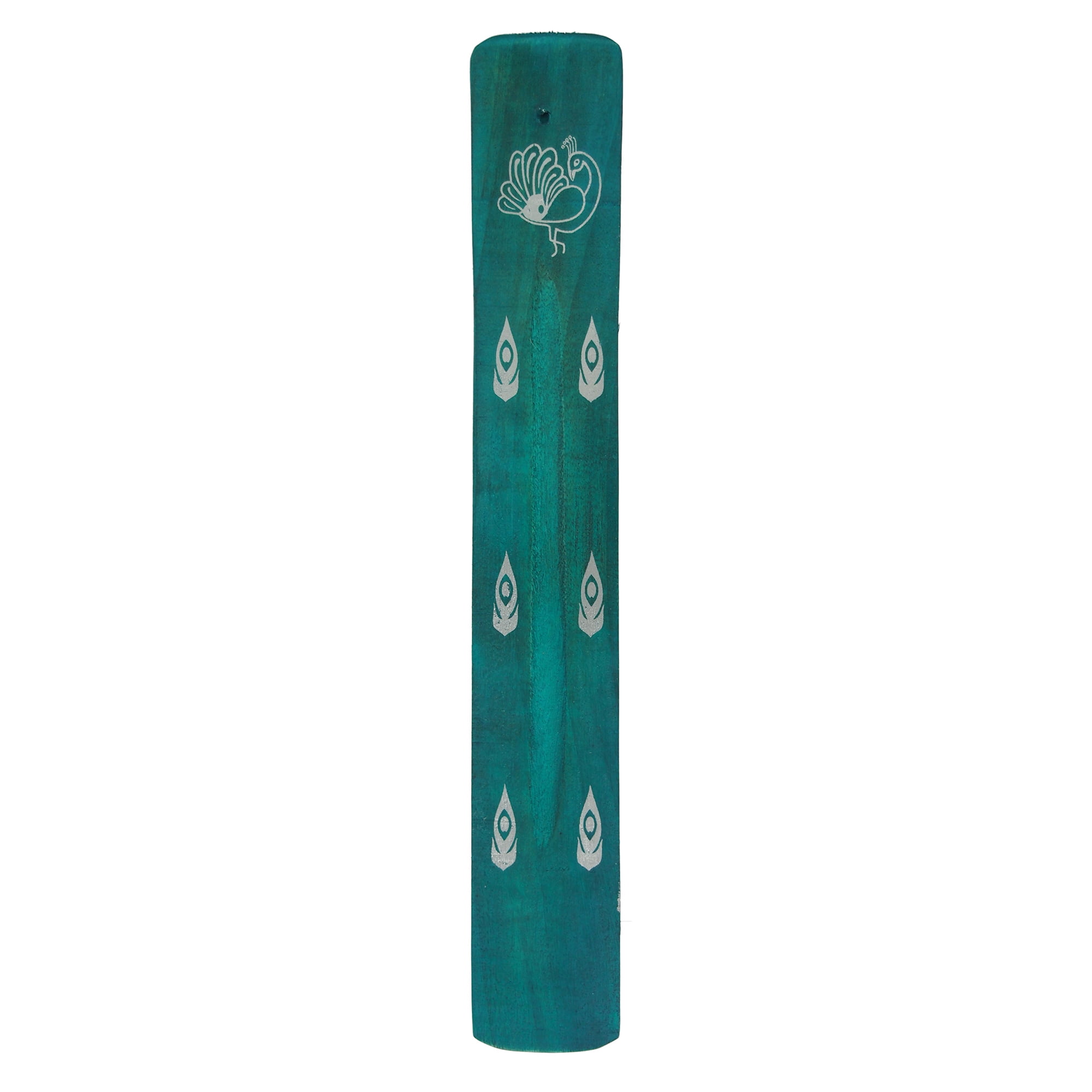 Hosley Teal Green Painted Wooden Peacock Pattern Incense Stick Burner