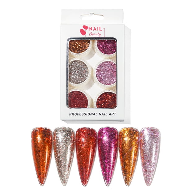 Polvo para uñas, joyería para decoración de uñas, purpurina de cristal, lentejuelas, juego de 6 colores, dispositivo de ventosas de silicona