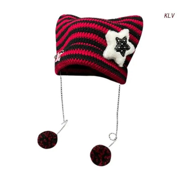 Y2K-gorro de punto gótico para mujer, Gorro con orejas de Diablo, a rayas, a prueba de viento, gorro de lana hecho a mano de invierno