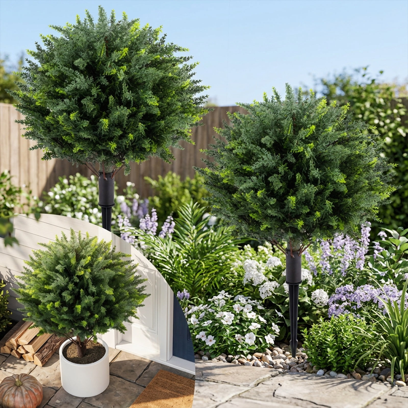 Vebreda Artificial Plant Decor, 27.5 inch Artificial Cypress Topiary Trees with Ground Spikes, Natural Evergreen Styling, Premium PE Material
