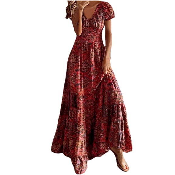 USSUMA Dress Women's Wedding Guest Vintage Smocked Long Flowy Swing Maxi Sundresses for Women Casual Beach Floral Print V-Neck Short Sleeve Summer Sun Dresses Graduation