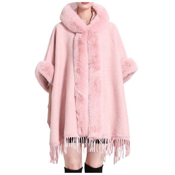 Aocisk Ladies Autumn Winter Hooded Shawl Cape Wool Blend Coat Large Size Cardigan Wrap With Collar Pink One Size