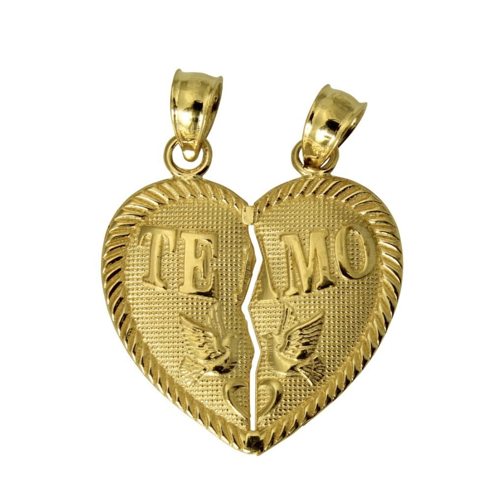 14K Yellow Gold SmallTe Amo Couple Broken Heart Charm Pendant For Necklace or Chain