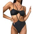 thumbnail image 1 of Traje de baño de bikini para mujer con tirantes dobles y espalda descubierta, traje de baño de una pieza de color puro con almohadillas para el pecho, negro M, 1 of 8