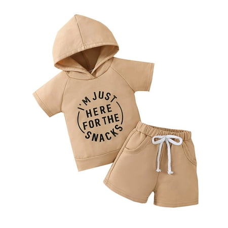 

Fsqjgq Boys Pajama Sets New Born Baby Toddler Boys Short Sleeve Letter Printed Hooded T Shirt Tops Shorts Outfits Two Year Old Clothes Boy Baby Layette Set Beige 110