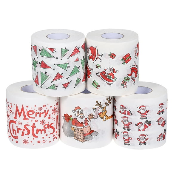 ULTNICE 5 rollos de papel higiénico con patrón navideño, rollos de papel tisú para cena de baño de Papá Noel, servilletas desechables