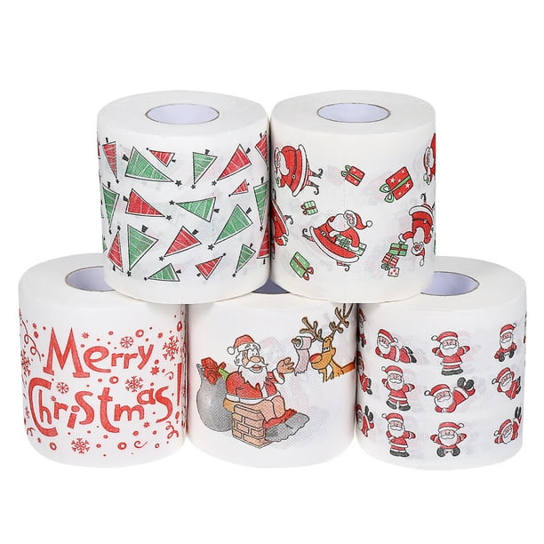 ULTNICE 5 rollos de papel higiénico con patrón navideño, rollos de papel tisú para cena de baño de Papá Noel, servilletas desechables