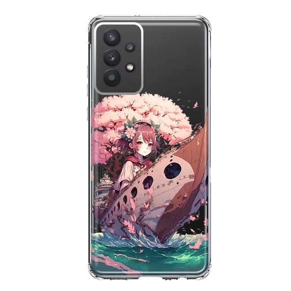 MUNDAZE Samsung Galaxy A32 Shockproof Clear Hybrid Protective Phone Case Kawaii Manga Pink Cherry Blossom Japanese Girl Boat Cover