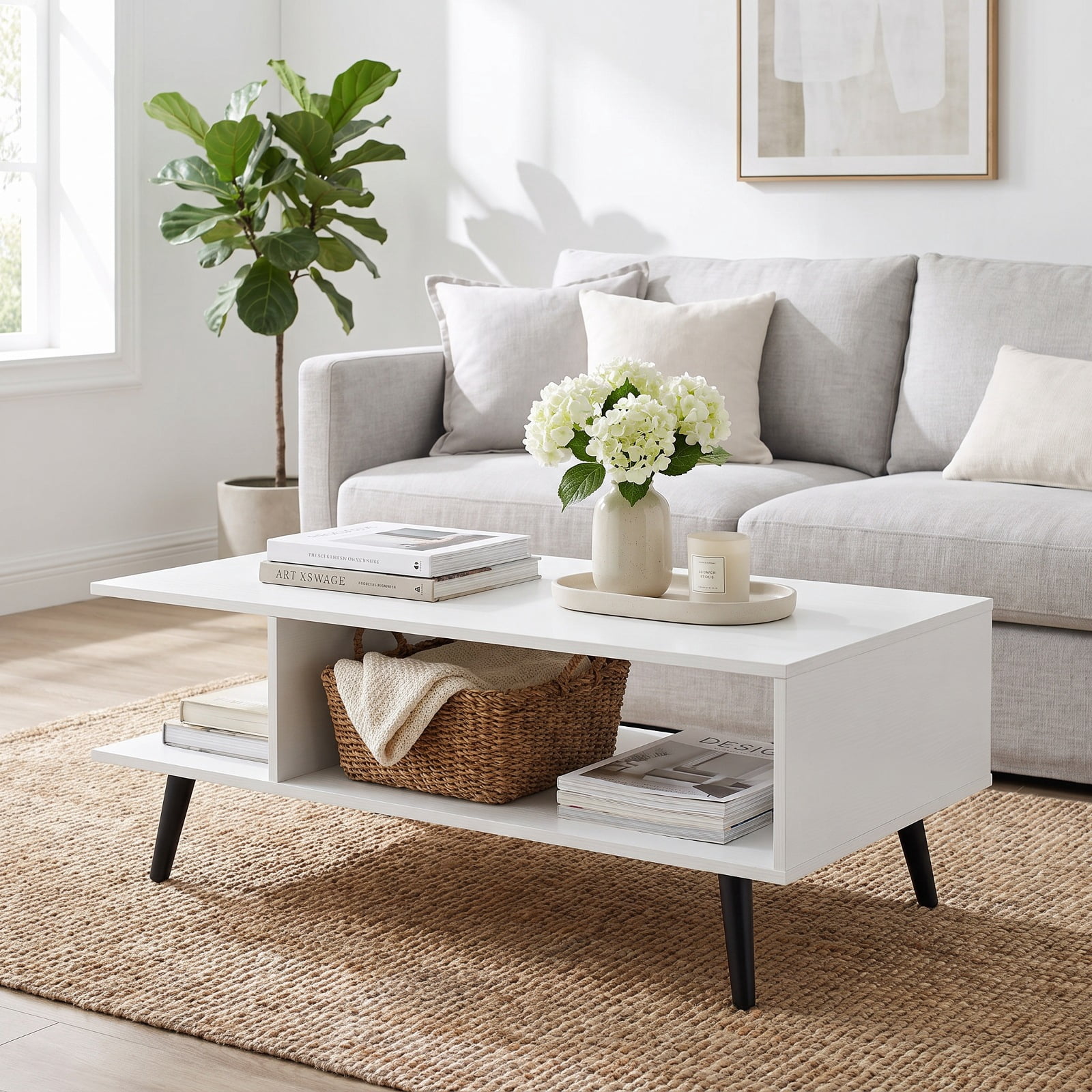 Furnibear Mid Century Modern 2-Tier Small Coffee Table with Two Open Compartments and Tapered Metal Legs for Apartment Living Room, White