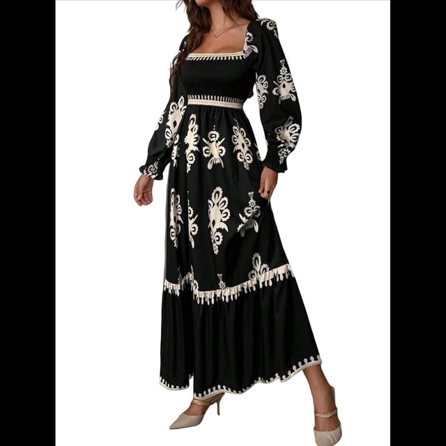 Vestido de Otoño para Invitada de Boda, Estilo Bohemio, Floral, de Larga, con Escote en V, Fluido, Elegante, para Playa Negro M