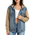 thumbnail image 3 of Otntypg Women's Splicing Hooded Jean Jacket Casual Fall Drawstring Layered Washed Long Sleeve Sweatshirt Button Down Hoodie Denim Shack Jacket with Pockets, 3 of 9