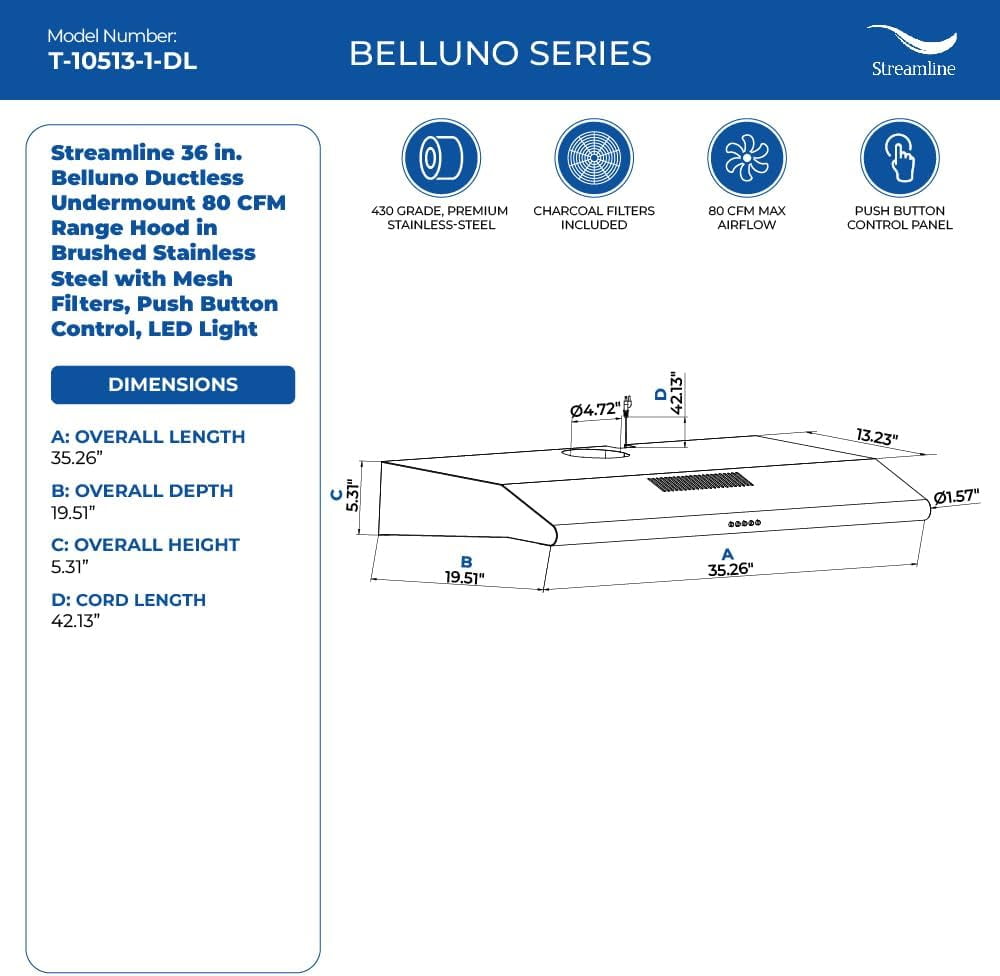 Streamline 36 in. Belluno Ductless Undermount 80 CFM Range Hood in Brushed Stainless Steel with Mesh Filters, Push Button Control, LED Light