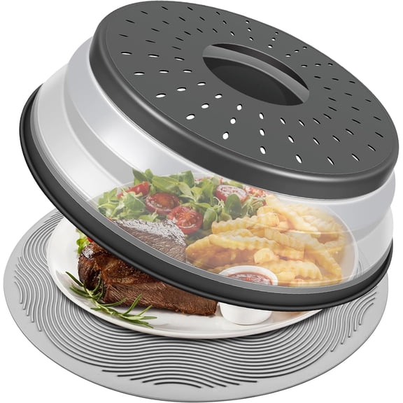 10 Inch Microwave Food Cover & Collapsible Silicone Mat - Splatter Guard, Plate Holder & Kitchen Colander for Meal Prep, Charcoal