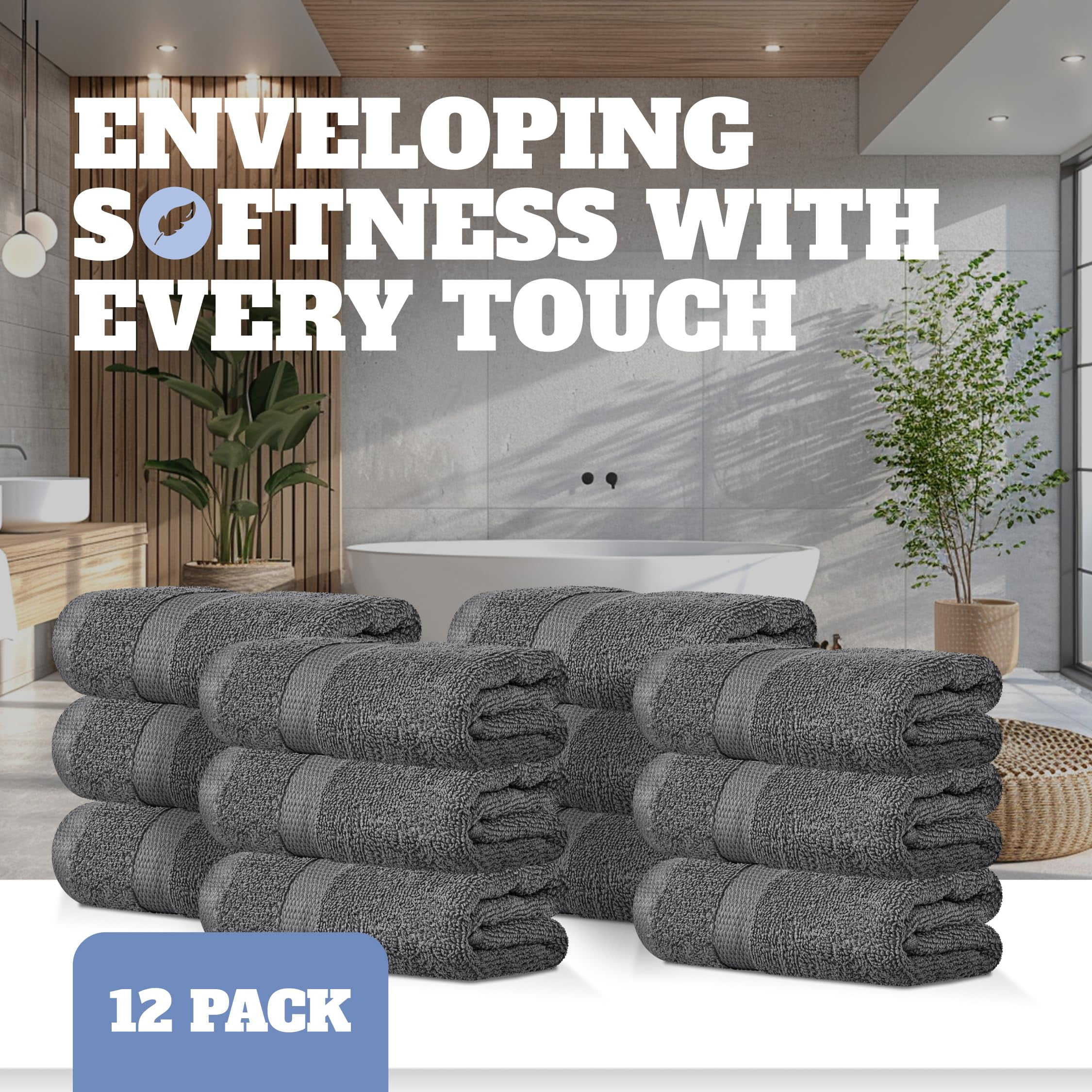 White Classic Wealuxe Collection 100% Cotton Hand Towels, Gray, 16 x 27, 12 Pack
