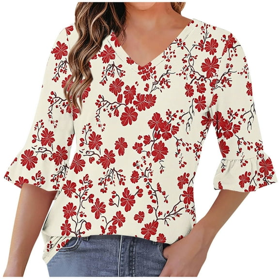 QQAMB Women's Tunic Tops V-Neck Floral Printed Half Sleeve Casual Loose Ruffle Blouse T-Shirts Red 2XL