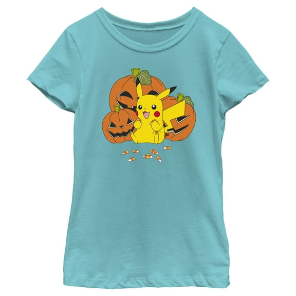Girl's Pokemon Halloween Pikachu Jack-O'-Lanterns Graphic Tee Tahiti Blue X Large