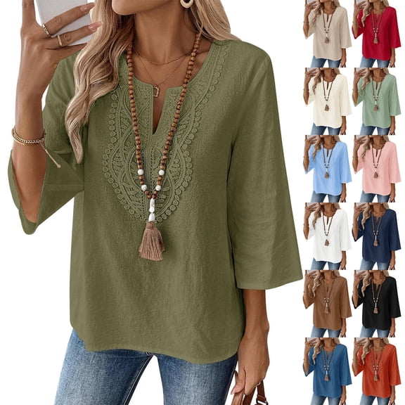 Women's Cotton Linen 3/4 Sleeve V Neck Lace Blouse Loose Fit Casual