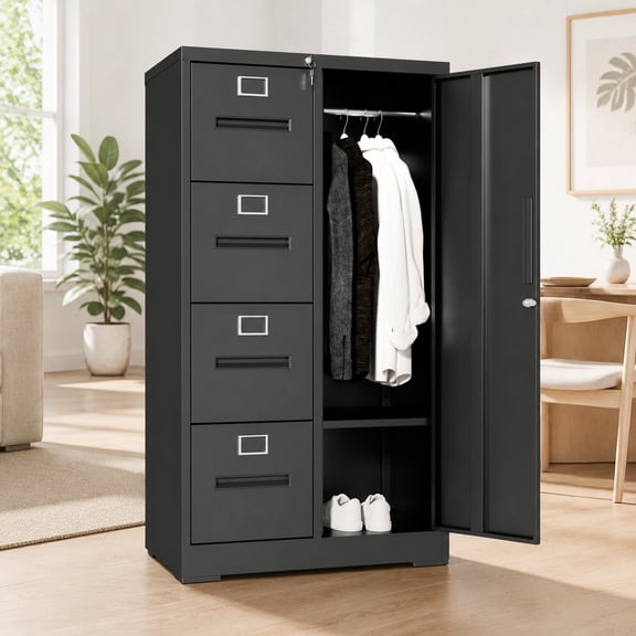 Black 4-Drawer Steel Vertical Filing Cabinet with Lock & Door, Secure Metal File Locker for Office Home