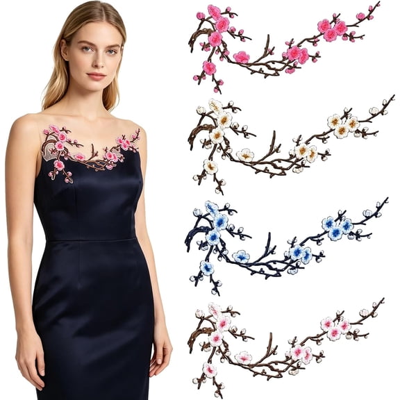 4pack Cherry Blossom Patches Iron on Embroidery Flower Appliques Backpack | Iron-On Embroidered Floral DIY Repair Trim Decoration for Jeans Dress Jacket Hat Shirts Shoes Bag(Mix 2,14*5.5in)