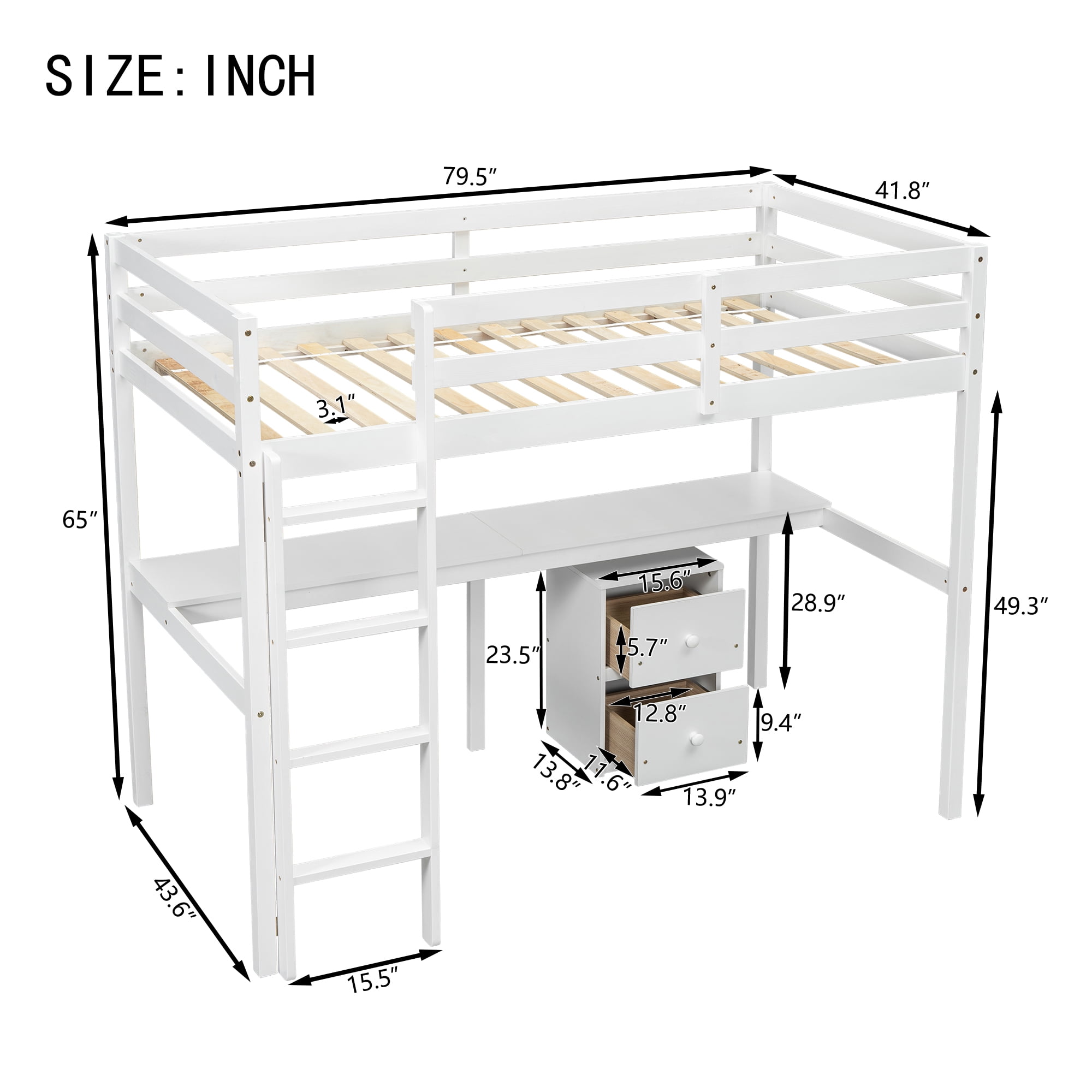 Euroco Modern Twin Size Loft Bed with Desk and Storage Drawers for Kids Teens, White