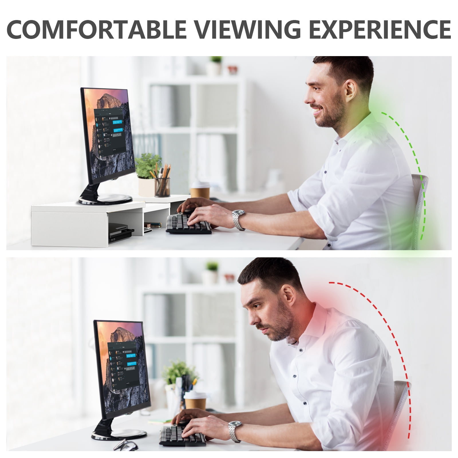 RTVR Dual Monitor Stand Riser Office Desktop Organizer Stand for 2 Monitors, Adjustable Length & Angle 3 Shelf Extra Long for TV Computer Laptop White