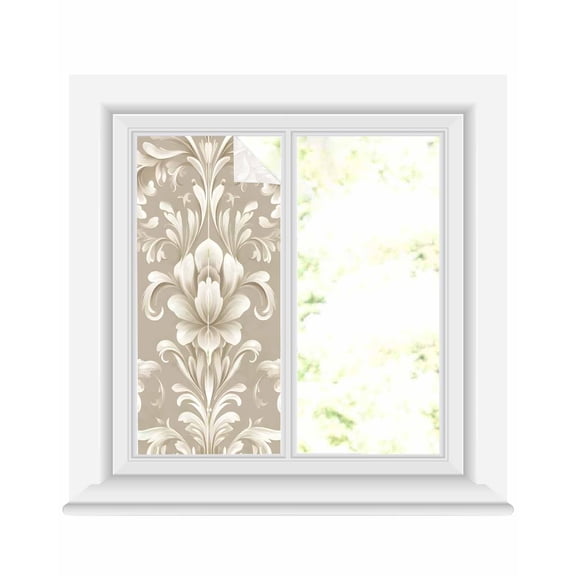 Window Privacy Film Light Brown Flowers Stained Glass Window Film Decorative Sun Block Window Cover Rustic Boho Ethnic Middle Century Window Clings Static Adhesive Sticker for Bathroom 19.6"x39.3"